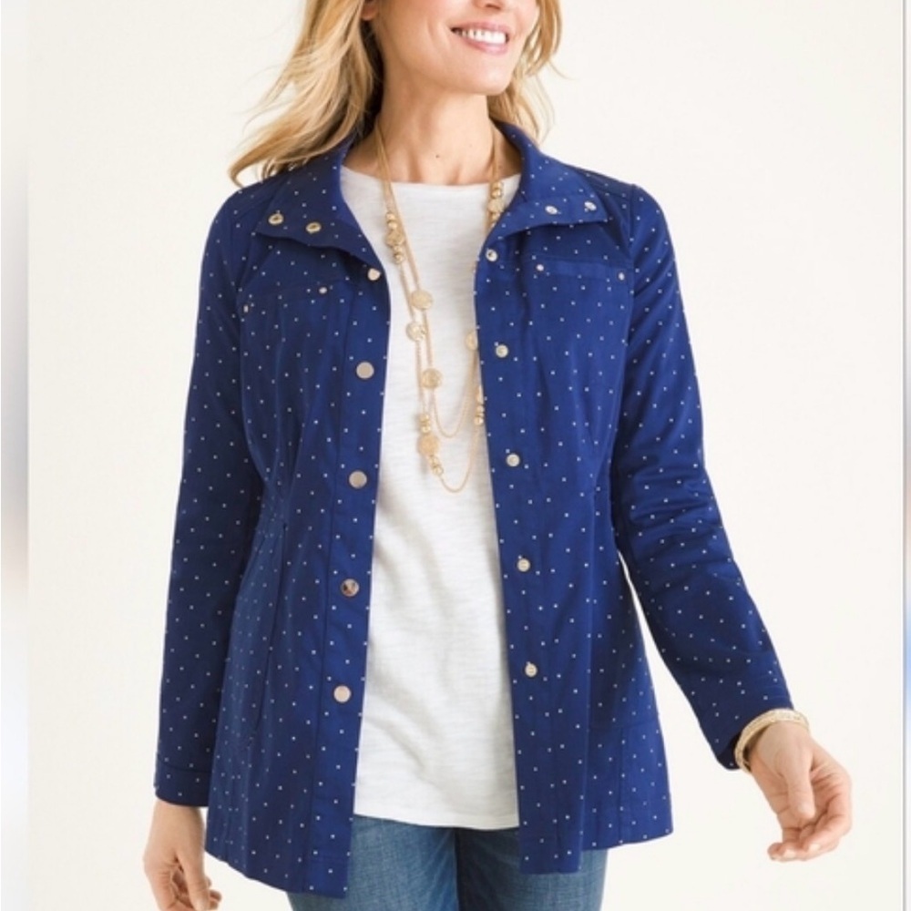 NWOT Chico's Luxe Twill Stylish Navy Blue With White Polka Dot Utility Jacket